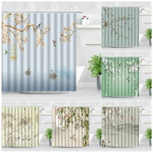 Chuveiro cortinas estilo chinês cenário cortina conjunto flores pássaros cisne paisagem moderna tecido à prova dwaterproof água casa decoração do banheiro banho