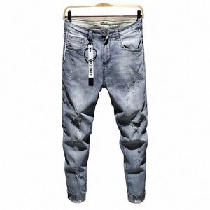 men New Ripped Casual Skinny jeans Trousers Fi Brand man streetwear Letter printed distred Hole gray Denim pants K55R#
