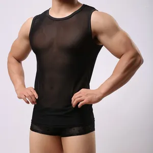 Men's T Shirts Men Sexy Singlet Mesh Sheer Transparent Shirt Topps Underwear Exotic Sleepwear Net Tshirt Undershirts 2024 Brand