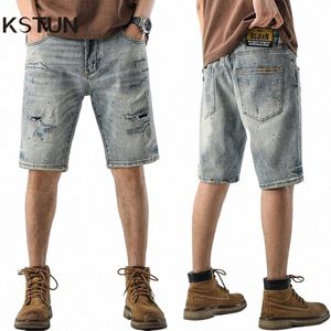 Män sommar korta jeans rippade patchwrok målning stretch fi desinger rak denim shorts hip hop punk stil moto cyklist t3ps#