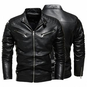 Jaqueta de couro masculina forrada de pele quente para motocicleta slim Street Fi preto casaco plissado com zíper 2023 jaqueta de couro preta de inverno O5LH #