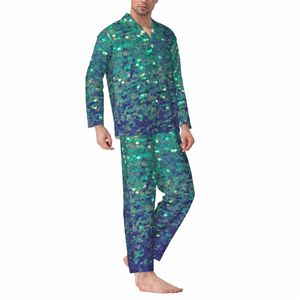 Pyjamas Mens Green Sparkle Bedroom Sleepwear Mermaid Sequin Print 2 Pieces Estetic Pyjama Set Söt mjuk överdimensionerad hemdräkt Q1nq#