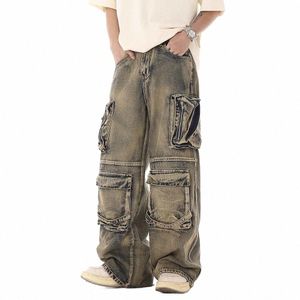 Multi kieszeni na odzież roboczą w stylu Wasteland Style luźne proste spodnie nogi ciężkie w lupggy dżinsy J13Q#