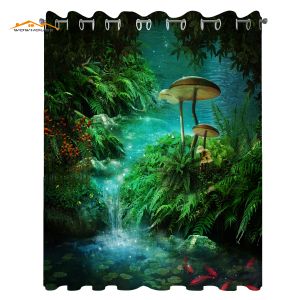 Curtains Fantasy Window Curtains View of Fantasy River with Pond and Fishes Mushroom in Jungle Trees Print Living Room Decor Bedroom