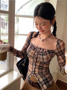 Women's Blouses Deeptown Y2K Vintage Plaid Blouse Women Harajuku Square Collar Cropped Shirts Korean Sexy Slim Sunscreen Corset Tops Spicy