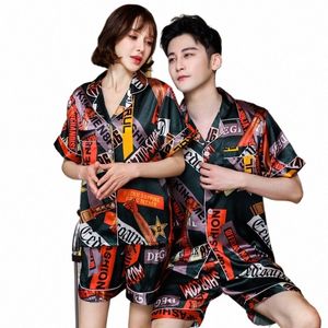 summer satin Men's Pyjamas Couple Pajamas Set Casual Male Sleepwear Pyjamas Night Pijamas Homewear A4EM#