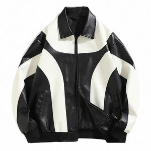 hip Hop Mens Leather Jacket Oversized Color Block Windbreaker Motorcycle Biker Pu Bomber Coat Couple Spring Autumn Streetwear 726l#