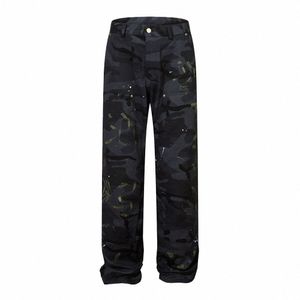 Graffiti Double Knee Cargo Pants Mens High Street Straight Loose Straight-leg Pants Men Calças L2Mh #