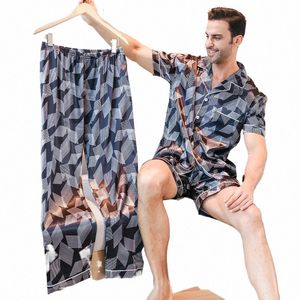 3-piece men's pajamas ice silk short sleeved shorts lg pants thin line pattern sleepwear summer home clothing set L6Ah#