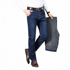 Kubro inverno grosso quente lã jeans homens busin fi preto calças jeans retas esticada cott casual calças térmicas t2hi #