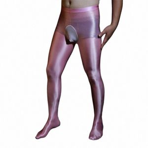 Sexiga oljiga byxor mäns släta hudvänliga leggings Silk Hög elasticitet Täta monteringsstrumpor för rolig Pantal Homme Pink Black R2OY#