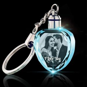 Frame 3D Laser Engraved Photo Crystal Keychain Personalized Heart Glass Hanging Pandent with LED Light Memorial Gifts