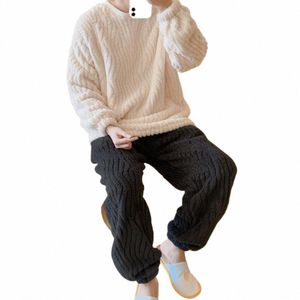 men Flannel Pajama Pants Set Soft Touch Lg Sleeve Warm Sleepwear Set Cozy Solid Color Round Neck Loungewear W84M#