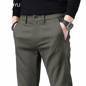 autumn Winter Pants Men Stretch Slim Fit Elastic Waist Busin Classic Korean Cargo Thick Casual Trousers Male Green Black Grey H8AF#