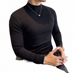 high Quality Half Turtleneck Stretch T-shirt Slim-Fit Lg-Sleeved Cott Tight Mid-Collar Bottoming Shirt Military Wear Top a74h#