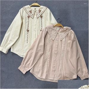 Mulheres Blusas Camisas Johnature Primavera Verão Mori Algodão Bordado Mulheres 2023 Casual All Match Solto Turn-Down Collar Gota Entrega OTHWV