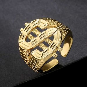 Band Rings Exaggerated Dollar Sign Ring Womens Fashion Jewelry Gift Hip Hop Rock Money Ring Resizable J240326