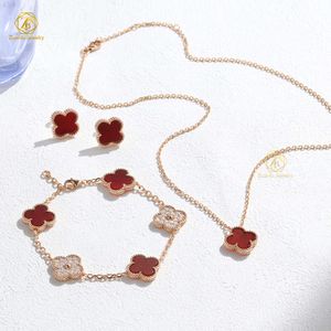 2024 New Arrival 925 Pure Silver Rose Gold Plated Red Agate Moissanite Four Leaf Clover Earrings Bracelet Necklace Jewelry Set