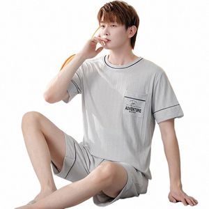 large Size L-5XL Men Pajamas Sets Summer New Knitted Cott Short Sleeve Pajama For Men Sleepwear Suit Homewear i3vG#