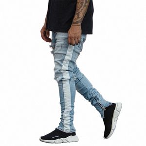 men hip hop KANYE WEST Slim Knee Ripped Skinny Jeans White strip Patchwork hole Destroyed Streetwear Ankle zipper Denim Pants t2MF#