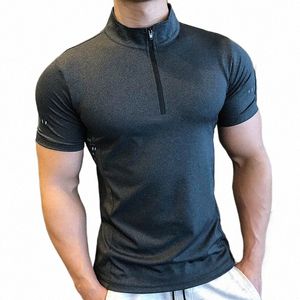 男性のタイトスポーツTシャツショートスリーブジムランニング衣料品フィットcompri sportswear zip pulloverハイキングrgardスウェットシャツE4D0＃