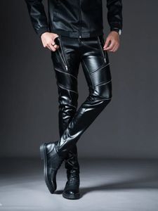 Winter Mens Skinny Biker Leather Pants Fashion Faux Motorcycle Trousers For Male Stage Club Wear 240315