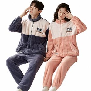 Антистатические утолщенные фланелевые пижамы для пар, мужские зимние теплые пижамные комплекты, повседневные корейские стильные лоскутные пижамы на молнии S5wb #