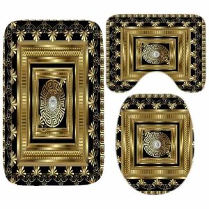 マット3PCS豪華なブラックゴールドギリシャキーパターンバスラグセット幾何学的な蛇行バスルームマットフロアカーペットトイレアクセサリーホーム装飾