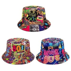 s 80s and 90s retro womens fishing hats breathable colored printed hats sun protection hats double-sided hip-hop bucket hatsC24326