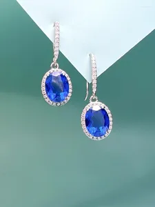 Brincos elegantes ovais azuis 925 prata pura brincos de alto carbono diamante gancho joias de noivado