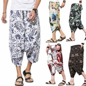 harajuku Summer Loose Calf Length Casual Pants Men Wide Leg Cott Linen Printing Baggy Pants Oversize Men's Trousers O9N3#