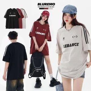 FUREMO |Primavera/verão novo produto americano mangas raglan fita decoração carta impressão solta em torno do pescoço manga curta moda