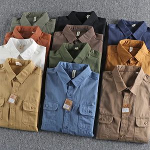 Outono americano retro sarja tecido carga camisa masculina moda puro algodão lavado velho manga longa duplo bolso blusas casuais 240322