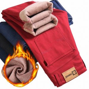 new Autumn Winter Jeans Men's Fleece Busin Casual Red Warm Jeans Stretch Slim Fit Denim Pants Male Brand Thickened Trousers q9M7#