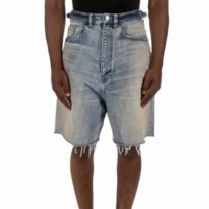 Distred Raw Edge Wed Blue Denim Shorts para homens Wide Leg Baggy Casual Jeans Joelho Calças Oversized Summer Cargo Curto m9pv #