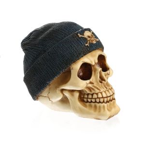 Sculptures Moquerry Resin Skull With Cap Knitted Hat Gothic Human Skull Statues Handicraft Head Shape Figurines Home Bar Decor Halloween