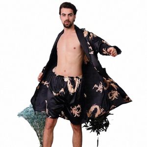 Tamanho grande 4XL 5XL Men Satin Robe Set Drag Print 2 PCS Pijamas Silky NightyRobe Set Masculino Casual Kimo Vestido Solto Home Wear A5Iu #
