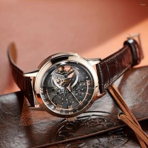 Zegarek oblvlo retro zwykłe mężczyzn szkieletowe automatyczne zegarki mechaniczne pasek cielęcy minerał kryształowy szklany hydroofowy tarcze zegarowe 45 mm