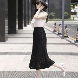 Skirts Womens Lace Casual Skirt Office Lady Ruffle Zipper Mid-Calf High Waist Korean Style Fashion Elegant A-Line