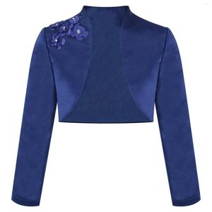 Jackets Girls Flower Satin Bolero Cropped Jacket Long Sleeve Exquisite Applique Cardigan Wedding Party Baptism Communion Dress Outwear