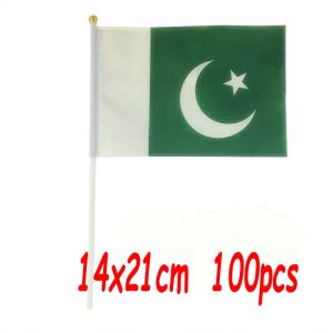 Akcesoria ZXZ 100PCS Pakistan Flaga ręczna 14*21 cm poliestrowa podwójna strona drukująca Pk Pakistan flaga ręka z plastikową flagką