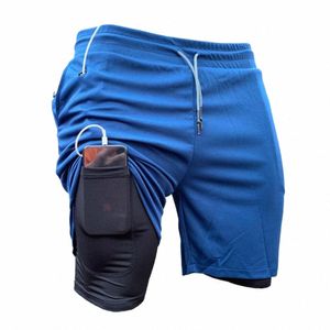 Running Shorts Podwójna warstwa Fakiet dwuczęściowy trening krótkie spodnie szuflady gimnastyczne Fitn Men Jogger Loose Sports Shorts O6dx#