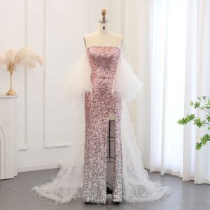 Sequin Sharon Pink dedi Ombre Dubai denizkızı gece elbiseleri tüylü Cape Arapça Kadın Düğün Ellikleri SS514