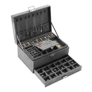 Grey 3-Layer Flannel Jewelry Organizer Box Necklaces Earrings Rings Display Holder Case for Women Large Capacity 240314