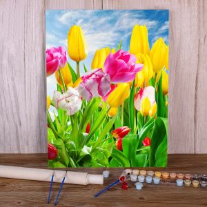 Zahlen-Tulpen-Blumen-Malerei nach Zahlen, Komplettset, Ölfarben, 50 x 70 cm, Ölgemälde, Wanddekoration, Kinder-Wandkunst, Zeichnung