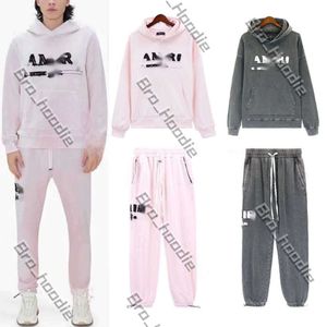 Mens Tracksuit Set Amirir Hoodie Moletom Designer Hoodie Amirity Hoodies Verde Sweatpant Lavável Old High Street Bordado Suéter Shrink Foot Pants Set 907