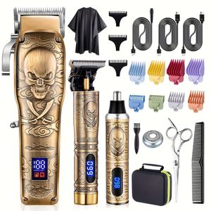 Conjunto profissional de cortadores de cabelo sem fio para homens - kit recarregável para aparador de barba e nariz com acabamento dourado