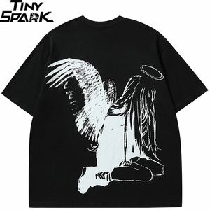 남자 tshirt streetwear 일본 하라주 쿠 만화 천사 날개 그래픽 티셔츠 여름 힙합 티셔츠 애니메이션 탑 티 코튼 y2k 240311