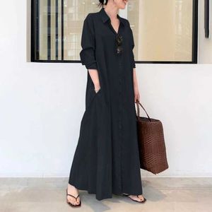 Basic Casual Dresses 2022 European and American style cotton linen solid color lapel long sle pocket simple loose casual long shirt dressC24315