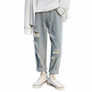 Men jeans sommar rakt brett ben tunna hål rippade överdimensionerade 3xl lös fritid ons denim byxor all-match fi koreansk q3df#